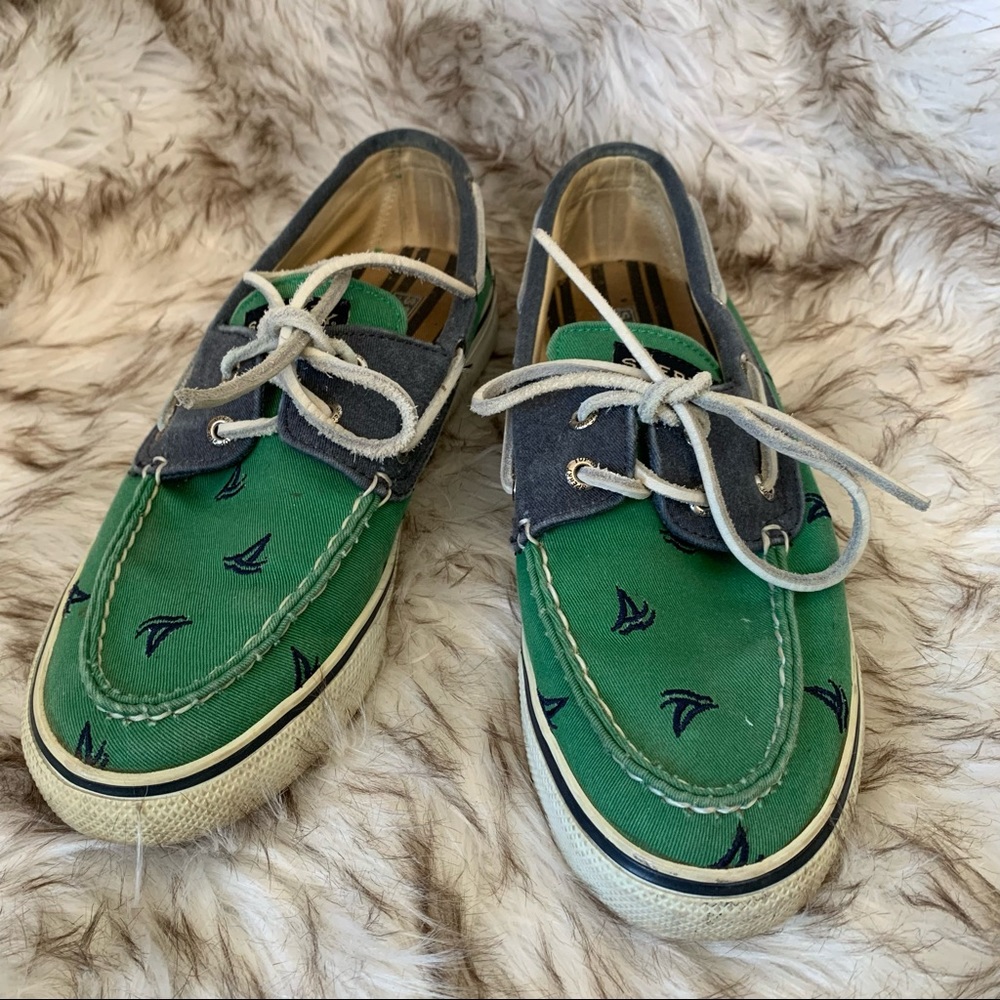 Sperrys green and blue embroidered boat shoes